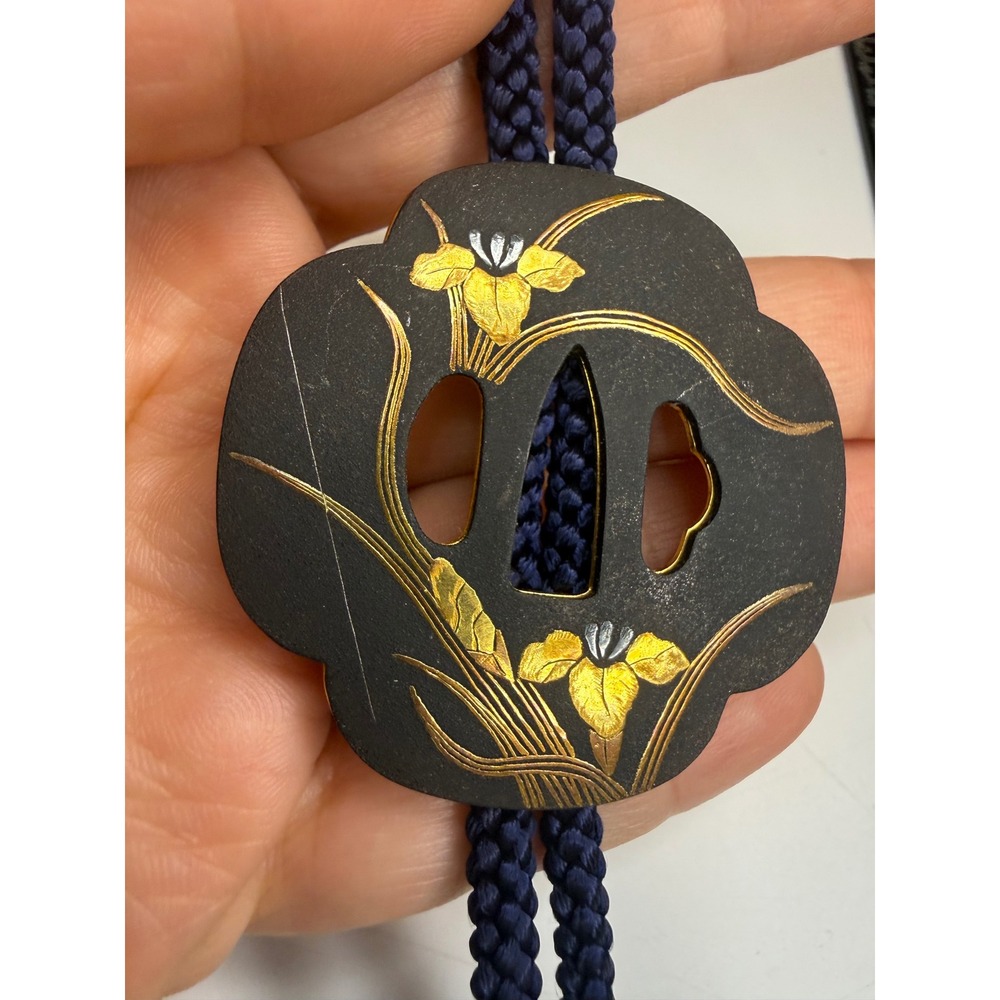Japanese Tsuba Damascene Floral Bolo Tie Navy Blue Braided Cord Gold Tone Tips